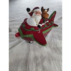 Napco Ceramic Santa Reindeer Airplane Animated LED Propeller Christmas Figurine
